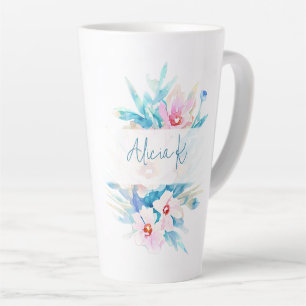 Pink and blue watercolor floral personalised latte mug