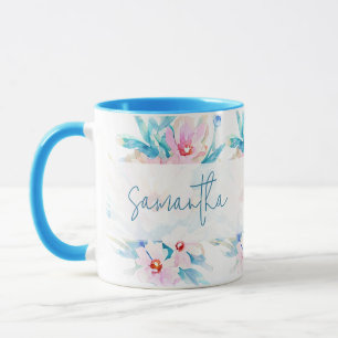 Pink and blue watercolor floral personalised mug