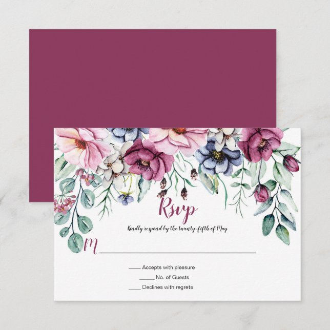Pink and Blue Watercolor Floral RSVP Card (Front/Back)