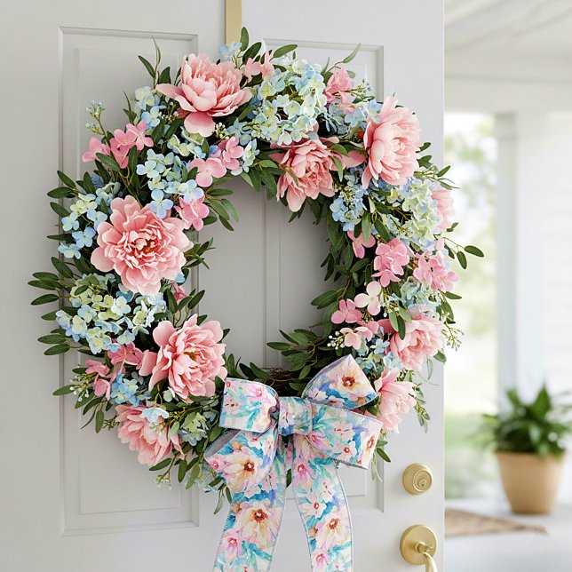 Pink and blue watercolor floral satin ribbon (Creator Uploaded)