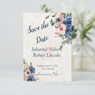 Pink and blue watercolor floral save the date invi invitation