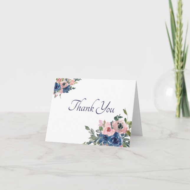 Pink and blue watercolor floral thank you card (Front)