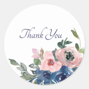 Pink and blue watercolor floral thank you  classic round sticker