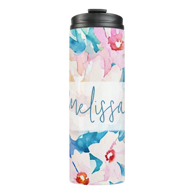 Pink and blue watercolor floral thermal tumbler (Front)