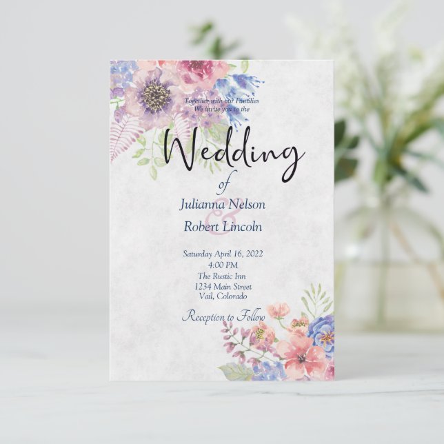 Pink and blue watercolor floral wedding invitation (Standing Front)