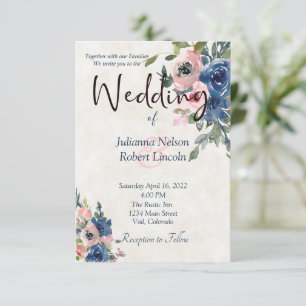 Pink and blue watercolor floral wedding Invitation