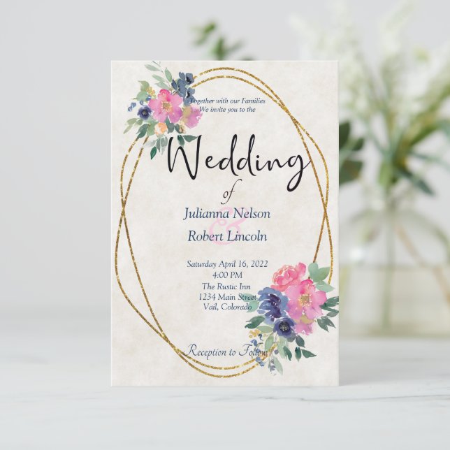 Pink and blue watercolor floral wedding invitation (Standing Front)