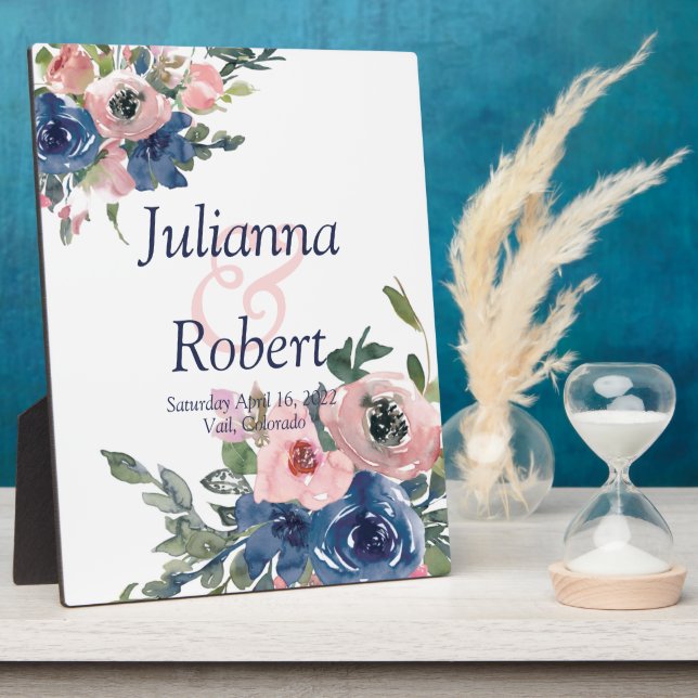 Pink and blue watercolor floral  wedding  plaque (Side)