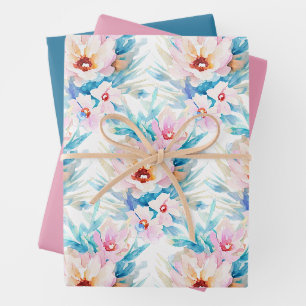 Pink and blue watercolor floral wrapping paper sheet