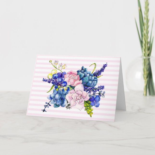 Pink and Blue Watercolor Flower Bouquet Note Card (Front)