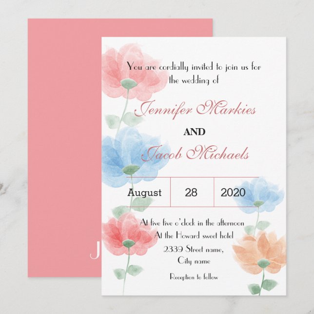 Pink and blue watercolor flower wedding invitation (Front/Back)