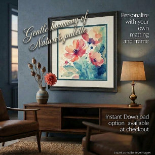 Pink and blue watercolor flowers art poster