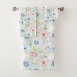 Pink and blue watercolor flowers. bath towel set