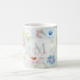 Pink and blue watercolor flowers.  coffee mug