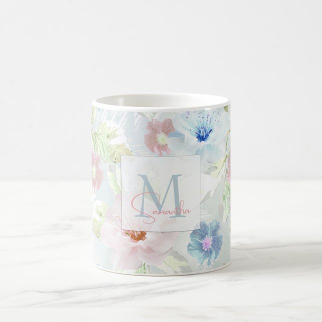 Pink and blue watercolor flowers.  coffee mug (Center)