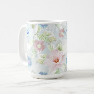 Pink and blue watercolor flowers.  coffee mug