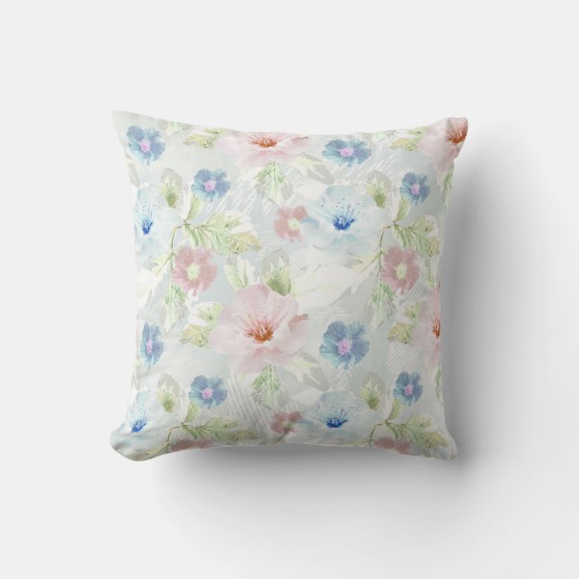 Pink and blue watercolor flowers. cushion (Front)