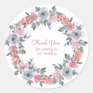 Pink and Blue Watercolor Flowers Thank You Classic Classic Round Sticker
