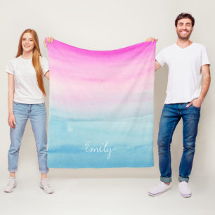 Pink and Blue Watercolor Ombre   Add Your Name Fleece Blanket