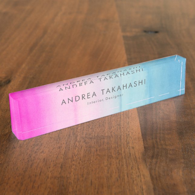 Pink and Blue Watercolor Ombre Personalised Nameplate (Side)