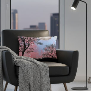 Pink And Blue Watercolor Sky Trees And Moon Decorative Cushion