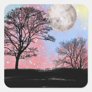 Pink And Blue Watercolor Sky Trees And Moon Square Sticker