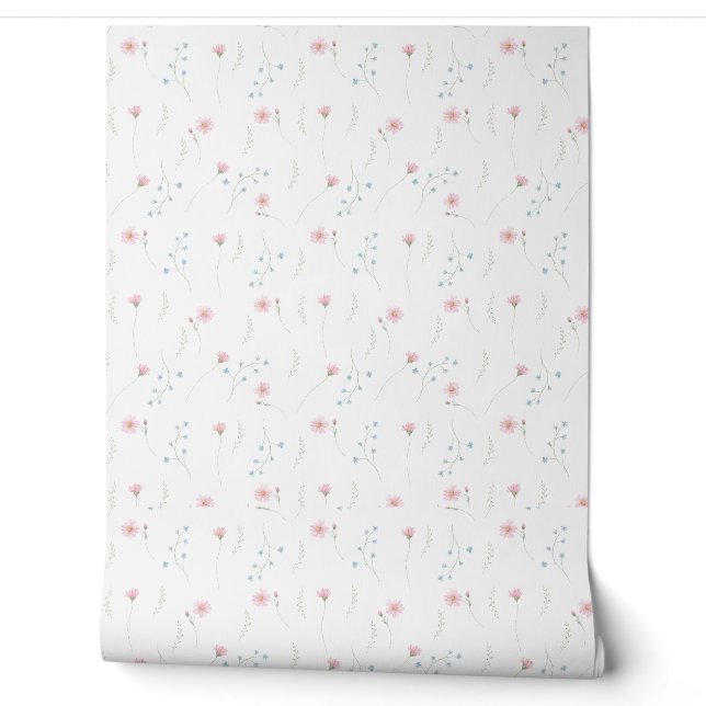 Pink and Blue Watercolor Wildflower Pattern Wallpaper (Unrolling)