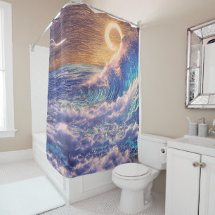 Pink and Blue Waves Golden Horizon Shower Curtain