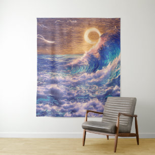 Pink and Blue Waves Golden Horizon Tapestry
