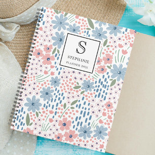 Pink and Blue Whimsical Floral Pattern Monogram Planner