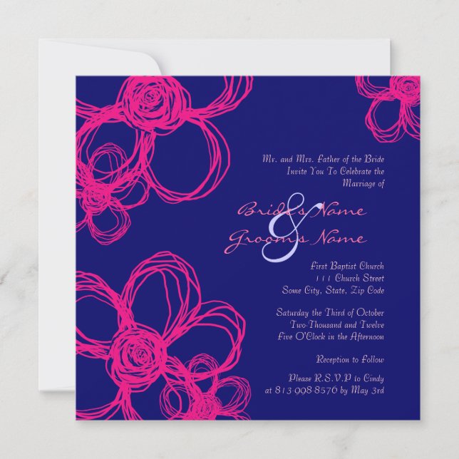 Pink and Blue Wild Flowers Wedding Invitation (Front)