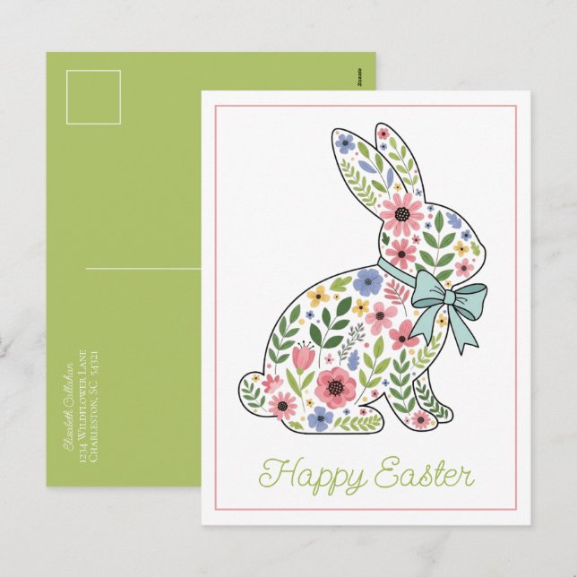 Pink and Blue Wildflower Easter Rabbit Holiday Postcard (Front/Back)