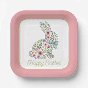 Pink and Blue Wildflower Easter Rabbit Paper Plate