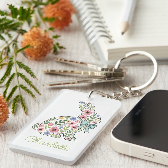 Pink and Blue Wildflower Spring Rabbit Key Ring (Front Right)