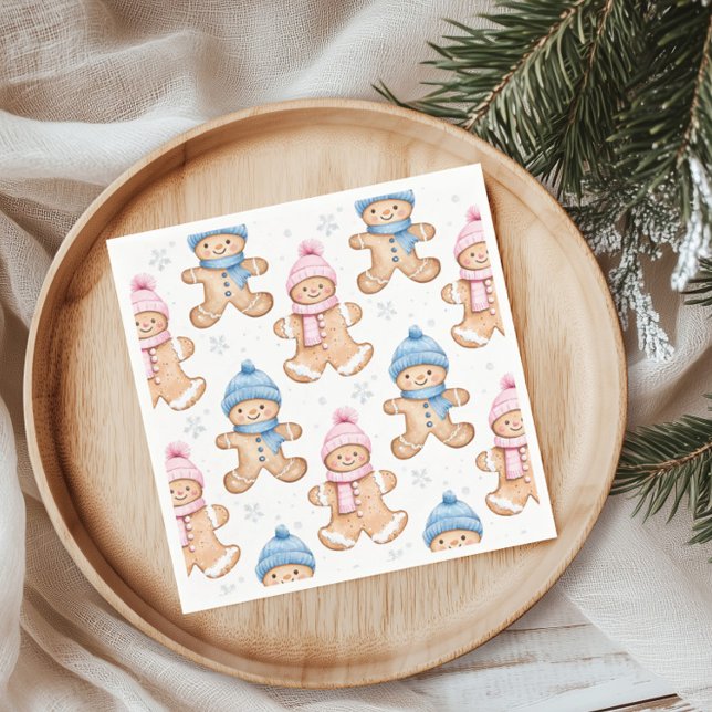 Pink and Blue Winter Gingerbread Gender Reveal Napkin (Creator Uploaded)