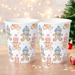 Pink and Blue Winter Gingerbread Gender Reveal Paper Cups