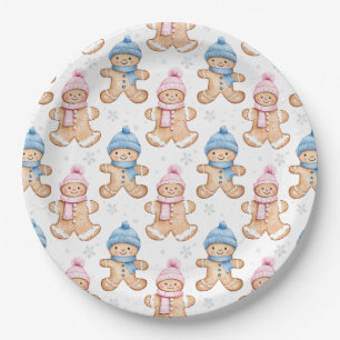 Pink and Blue Winter Gingerbread Gender Reveal Paper Plate