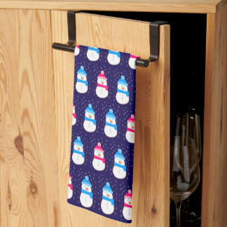 Pink and Blue Winter Snowmen Tea Towel