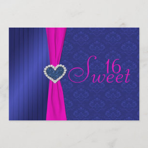 Pink and Blue with Glitter Heart Sweet Sixteen Invitation