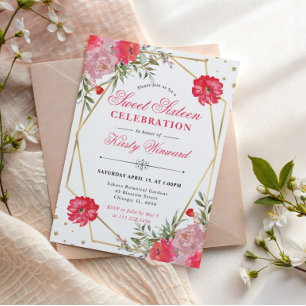Pink and Blush Summer Flowers Gold Frame Sweet 16 Invitation
