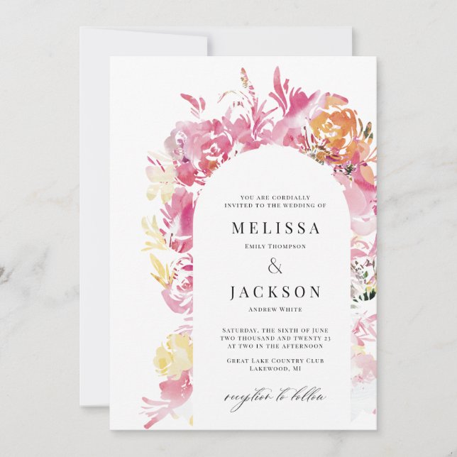 Pink and Blush Watercolor Flower Arch Wedding Invitation (Front)
