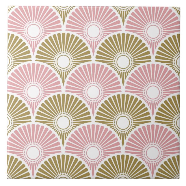 Pink and Brass Chinese Semi Circle Wave Pattern Tile (Front)