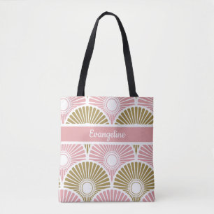 Pink and Brass Chinese Semi Circle Wave Pattern Tote Bag