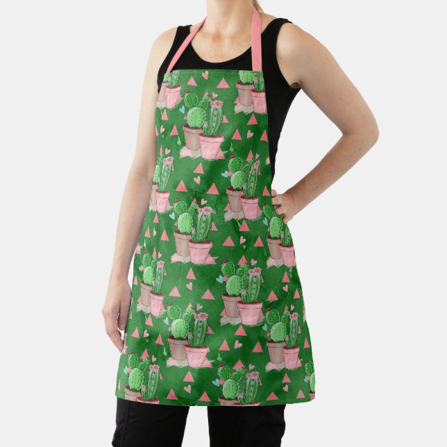 Pink and Bright Green Flowering Cactus Pattern Apron (Insitu)