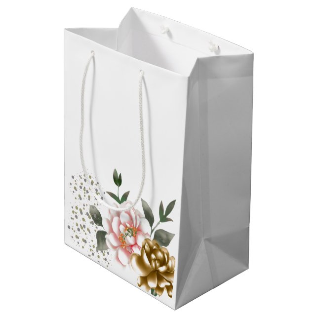Pink and Bronze Peony Flowers and Confetti Dots Medium Gift Bag (Back Angled)