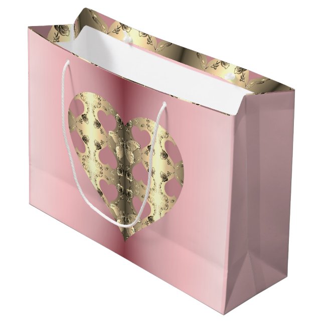 Pink and Bronze Rose Heart Valentine's Day Large Gift Bag (Front Angled)