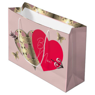 Pink and Bronze Rose Heart Valentine's Day Large Gift Bag