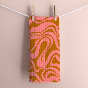 Pink and Brown 1970s Retro Modern Swirl Tea Towel