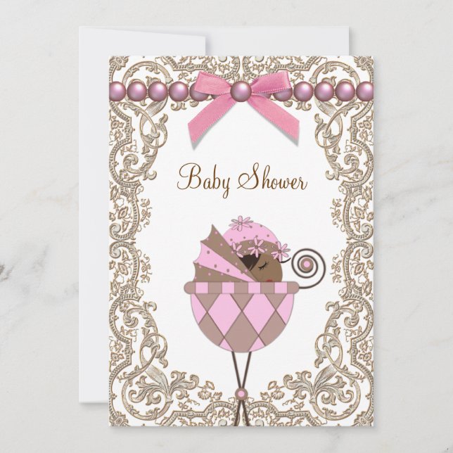 Pink and Brown African American Baby Girl Shower Invitation (Front)