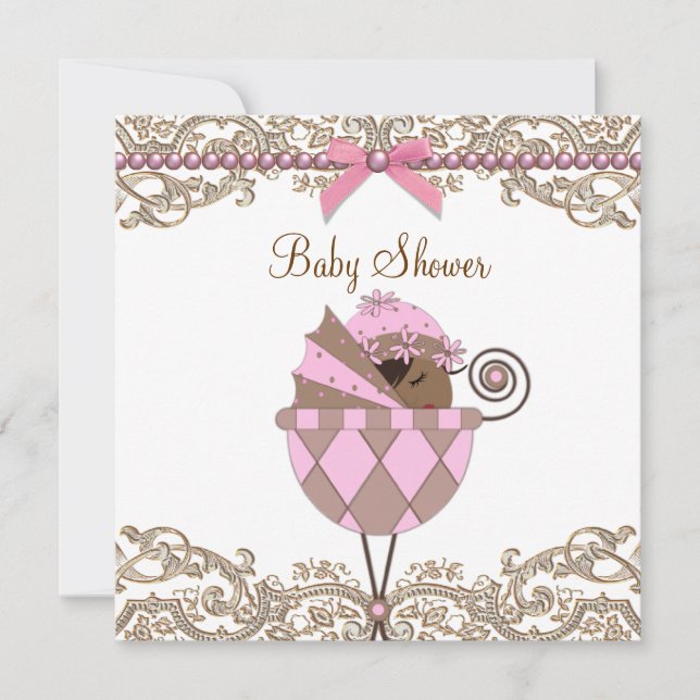 Pink and Brown African American Girl Shower Invitation (Front)